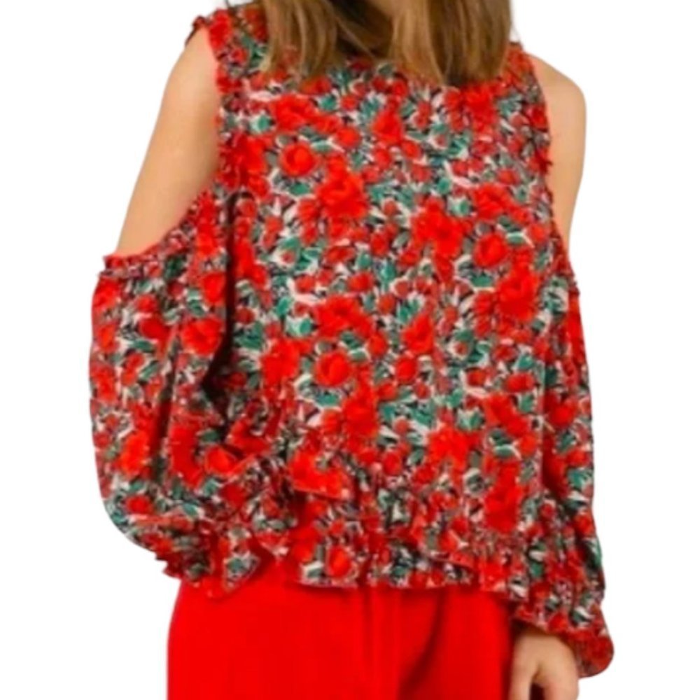 𝅺ZARA Red Floral Long Sleeves Peekaboo Shoulder Ruffled Blouse Top Size S